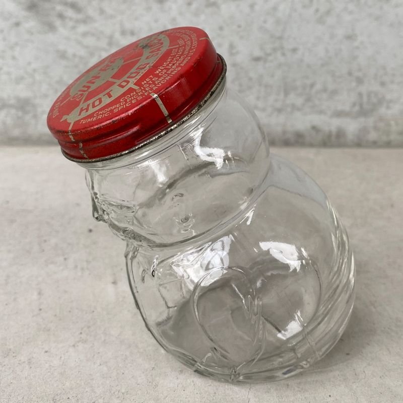 画像1: VINTAGE ANTIQUE SAN-RA HOT DOG SAUCE GLASS FIGURAL BOTTLE JAR ヴィンテージ アンティーク サンラホットドッグソース グラス ジャー アメリカ / コレクタブル 瓶 ボトル ガラス オブジェ 調味料入れ USA