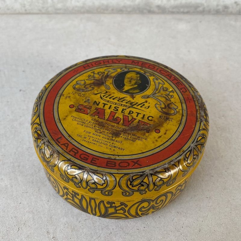 画像1: VINTAGE ANTIQUE RAWLEIGH ANTISEPTIC SALVE TIN CAN ヴィンテージ アンティーク ティン 缶 アメリカ / アドバタイジング 小物入れ クリーム入れ  収納 雑貨 USA 