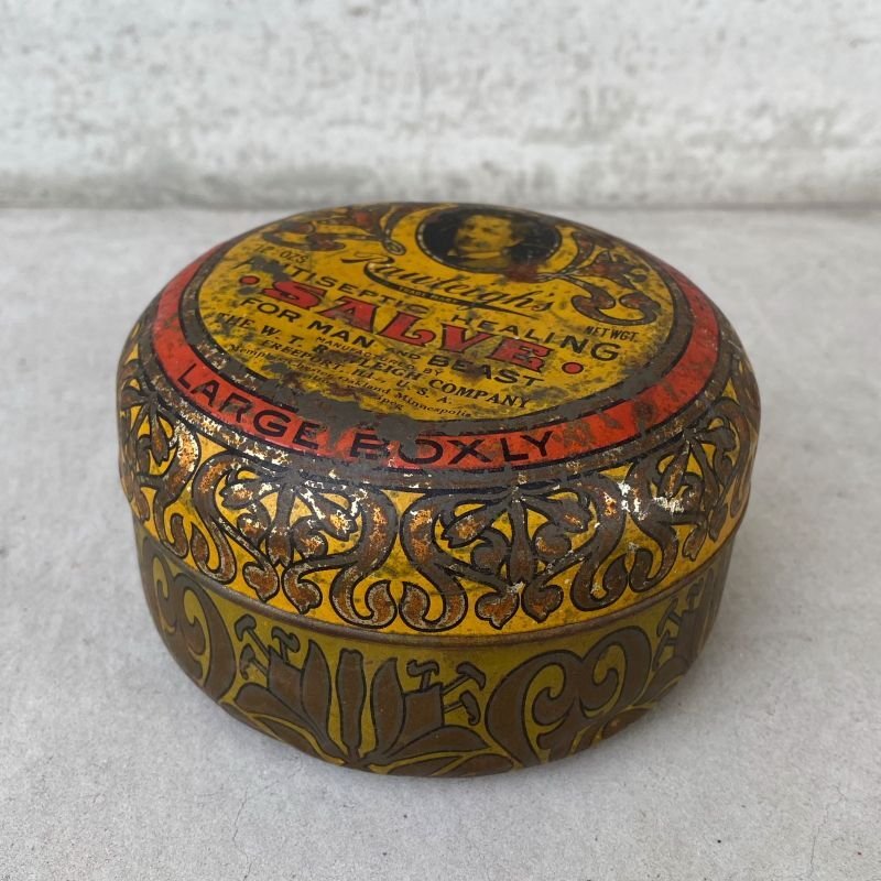 画像1: VINTAGE ANTIQUE RAWLEIGH ANTISEPTIC SALVE TIN CAN ヴィンテージ アンティーク ティン 缶 アメリカ / アドバタイジング 小物入れ クリーム入れ  収納 雑貨 USA (2)