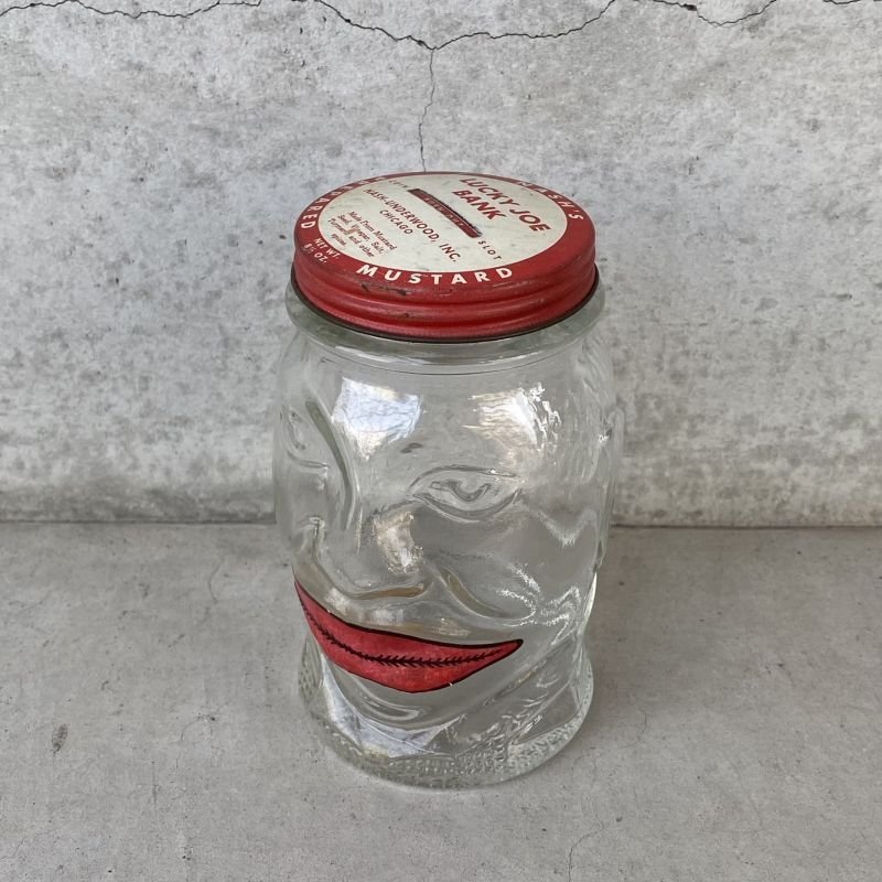 画像1: VINTAGE ANTIQUE LUCKY JOE BANK BOTTLE JAR ヴィンテージ アンティーク コインバンク 貯金箱 グラスジャー / コレクタブル 瓶 ボトル ガラス オブジェ アメリカ USA (2)