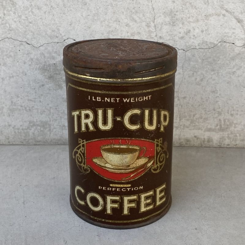 画像1: VINTAGE ANTIQUE TRU CUP COFFEE TIN CAN ヴィンテージ アンティーク コーヒー 缶 / コレクタブル 珈琲 企業物 小物入れ 雑貨 アメリカ USA