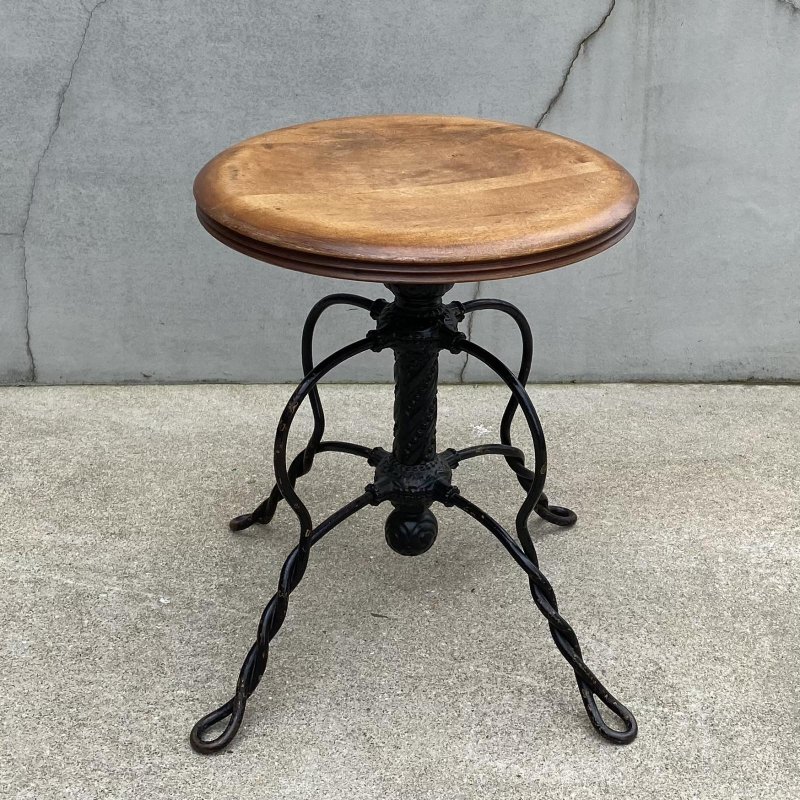画像4: VINTAGE ANTIQUE TONK PIANO CHAIR STOOL  ヴィンテージ アンティーク ピアノチェア スツール 椅子 / 回転いす ウッド アイアン 木製 鉄 家具 店舗什器 アメリカ (1)