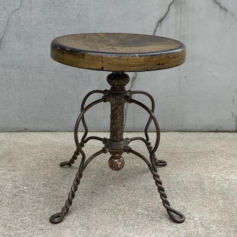 画像2: VINTAGE ANTIQUE TONK PIANO CHAIR STOOL  ヴィンテージ アンティーク ピアノチェア スツール 椅子 / 回転いす ウッド アイアン 木製 鉄 家具 店舗什器 アメリカ (2)