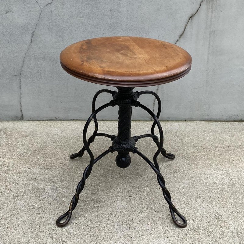 画像1: VINTAGE ANTIQUE TONK PIANO CHAIR STOOL  ヴィンテージ アンティーク ピアノチェア スツール 椅子 / 回転いす ウッド アイアン 木製 鉄 家具 店舗什器 アメリカ (1)