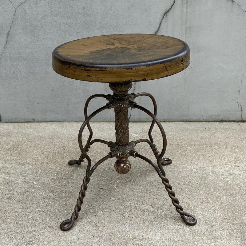 画像4: VINTAGE ANTIQUE TONK PIANO CHAIR STOOL  ヴィンテージ アンティーク ピアノチェア スツール 椅子 / 回転いす ウッド アイアン 木製 鉄 家具 店舗什器 アメリカ (2)