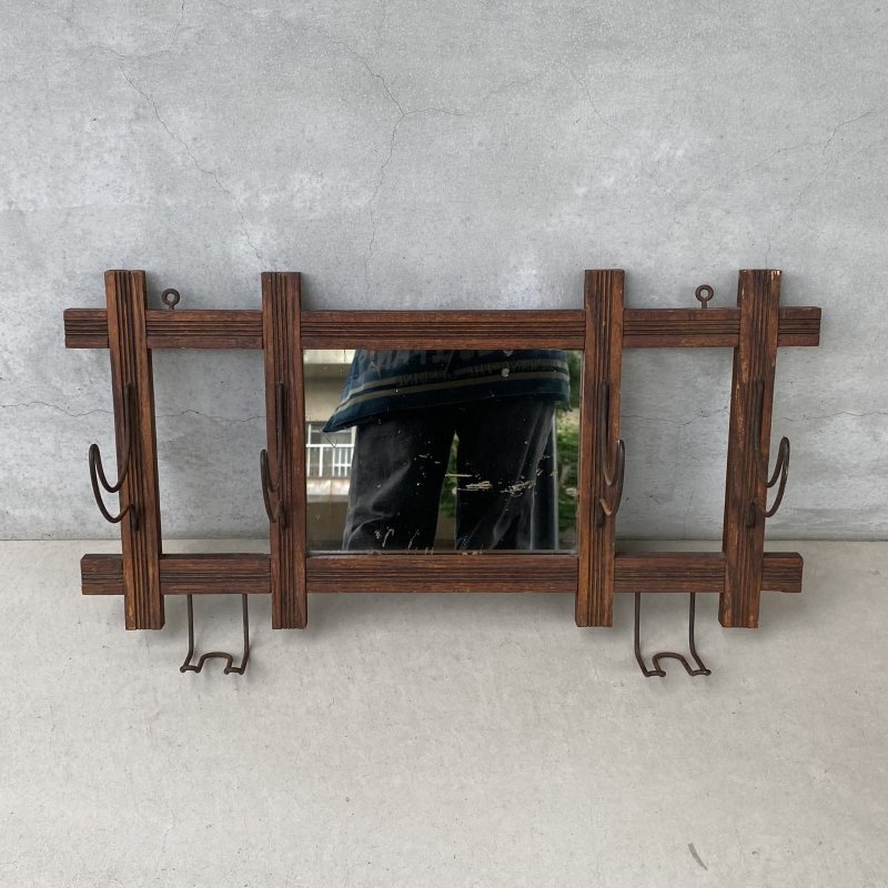 画像1: VINTAGE ANTIQUE WALL MIRROR ヴィンテージ アンティーク 鏡 ミラー 壁掛けミラー ウォールミラー / フック付き ウォールラック インテリア ウッド 木製 店舗什器 アメリカ 