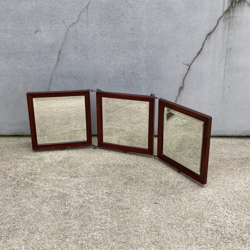 画像1: VINTAGE ANTIQUE WALL MIRROR ヴィンテージ アンティーク 鏡 ミラー 壁掛けミラー ウォールミラー 三面鏡 / ウッド 木製 折り畳み トラベルミラー 店舗什器 アメリカ