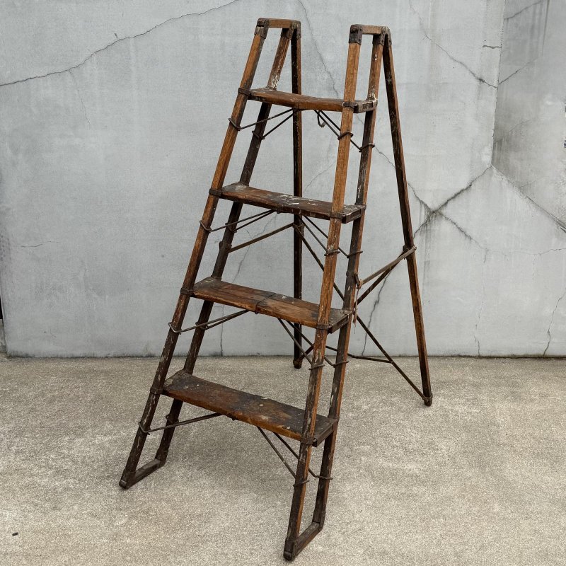 画像1: VINTAGE ANTIQUE FOLDING WOOD LADDER ヴィンテージ アンティーク 脚立 ラダー はしご  / 踏み台 ステップ 折り畳み ウッド 木製 店舗什器 アメリカ