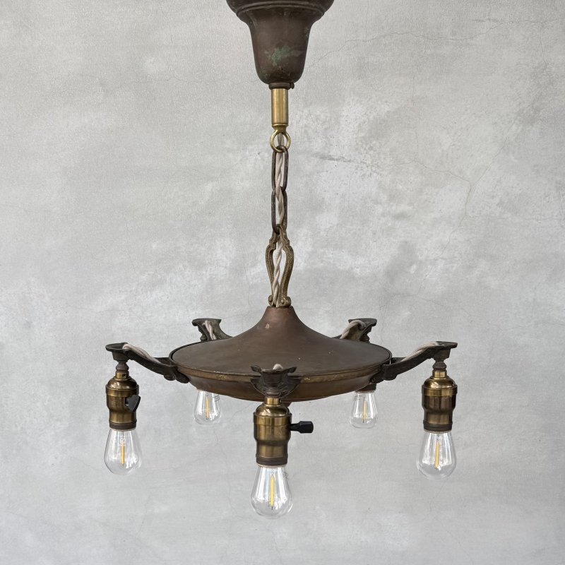 画像1: VINTAGE ANTIQUE LIGHT ヴィンテージ アンティーク シャンデリア パンライト 吊り下げライト  天井照明 / 5灯 ライト ペンダントランプ 真鍮 店舗什器 E26 アメリカ USA