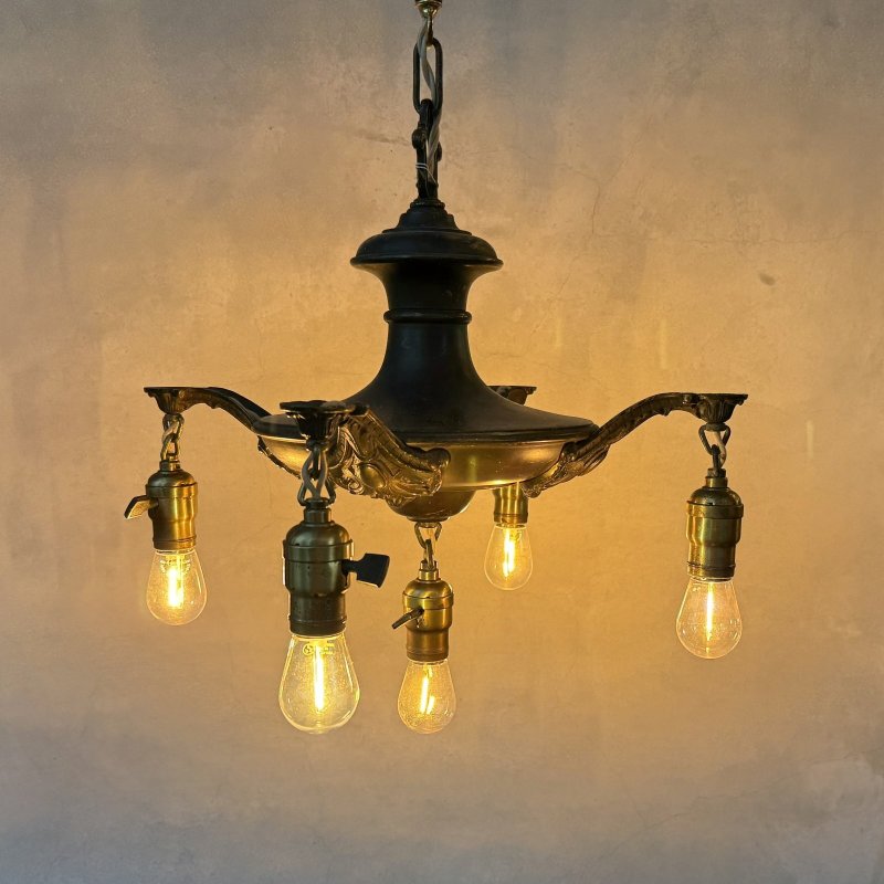 画像9: VINTAGE ANTIQUE LIGHT ヴィンテージ アンティーク シャンデリア パンライト 吊り下げライト  天井照明 / 5灯 ライト ペンダントランプ 真鍮 HUBBELL 店舗什器 E26 アメリカ USA (2)