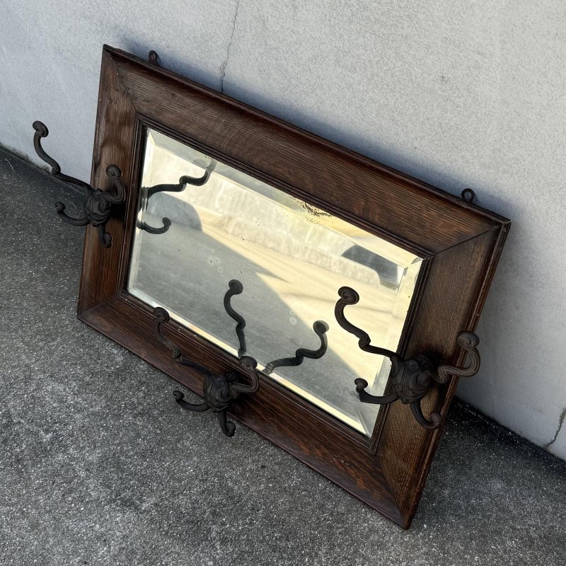 画像1: VINTAGE ANTIQUE WALL MIRROR  HAT RACK ヴィンテージ アンティーク 鏡 ミラー  壁掛けミラー ウォールミラー ハットラック / フック付き インテリア ウッド 木製 店舗什器 アメリカ 