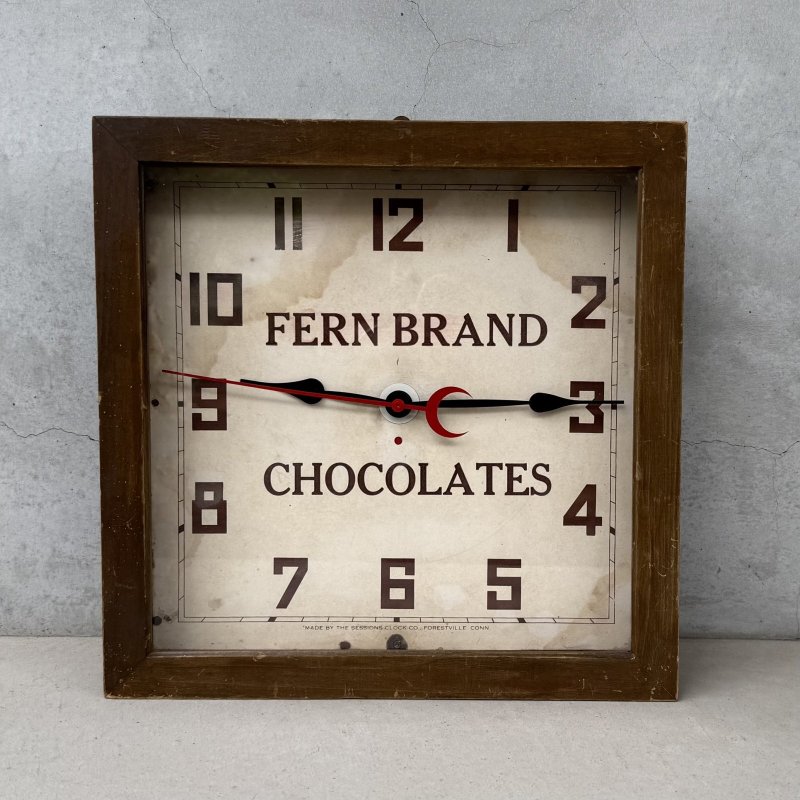 画像1: VINTAGE ANTIQUE WALL CLOCK FERN BRAND CHOCOLATES SESSIONS ヴィンテージ アンティーク ウォールクロック セッション 壁掛け時計 /  ウッド 木製 四角形 アドバタイジング 企業物 店舗什器 アメリカ