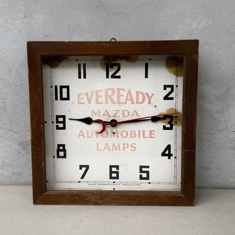 画像1: VINTAGE ANTIQUE WALL CLOCK MAZDA SESSIONS ヴィンテージ アンティーク ウォールクロック マツダ セッション 壁掛け時計 /  ウッド 木製 四角形 アドバタイジング 企業物 店舗什器 アメリカ