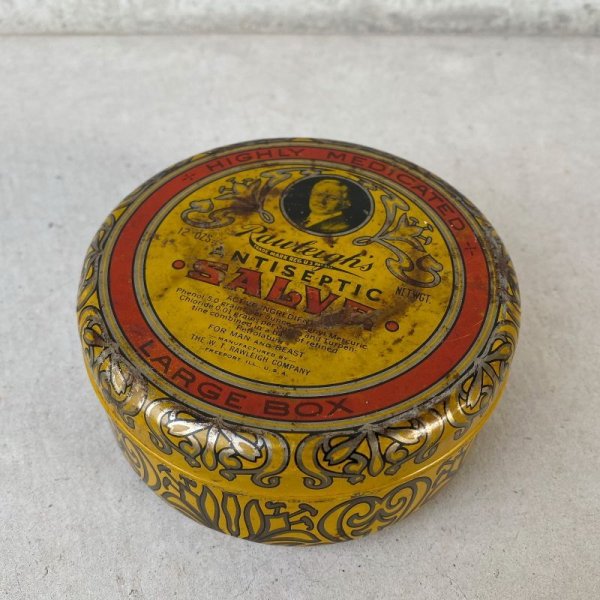 画像1: VINTAGE ANTIQUE RAWLEIGH ANTISEPTIC SALVE TIN CAN ヴィンテージ アンティーク ティン 缶 アメリカ / アドバタイジング 小物入れ クリーム入れ  収納 雑貨 USA  (1)