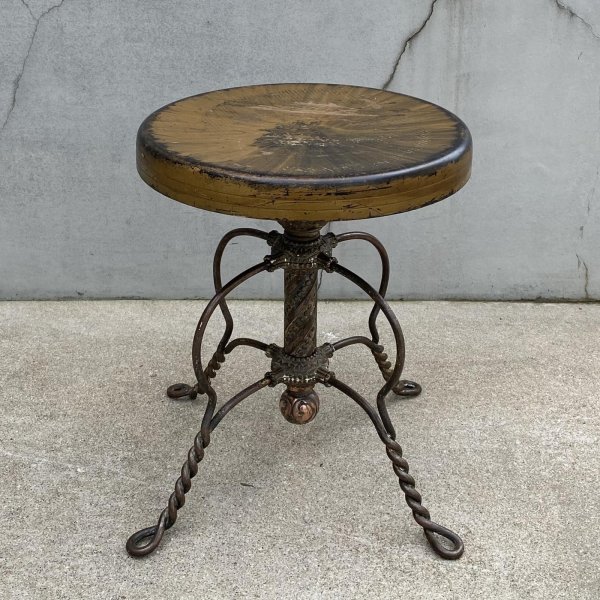 画像1: VINTAGE ANTIQUE TONK PIANO CHAIR STOOL  ヴィンテージ アンティーク ピアノチェア スツール 椅子 / 回転いす ウッド アイアン 木製 鉄 家具 店舗什器 アメリカ (2) (1)