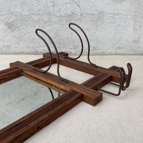 画像6: VINTAGE ANTIQUE WALL MIRROR ヴィンテージ アンティーク 鏡 ミラー 壁掛けミラー ウォールミラー / フック付き ウォールラック インテリア ウッド 木製 店舗什器 アメリカ  (6)