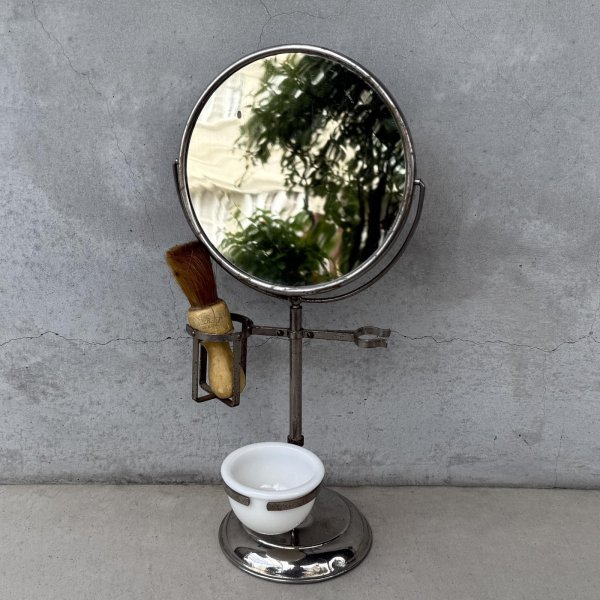 画像1: VINTAGE ANTIQUE SHAVING MIRROR ヴィンテージ アンティーク スタンドミラー 鏡 / 卓上ミラー シェービングミラー ラウンド インテリア 丸型 化粧 店舗什器 アメリカ USA  (1)