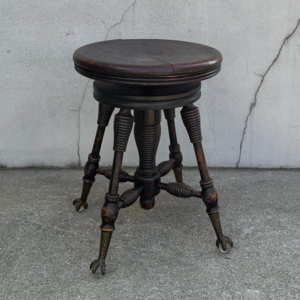 画像2: VINTAGE ANTIQUE PIANO CHAIR STOOL  ヴィンテージ アンティーク ピアノチェア スツール 椅子 / 回転いす ウッド 木製 家具 店舗什器 アメリカ (3) (2)
