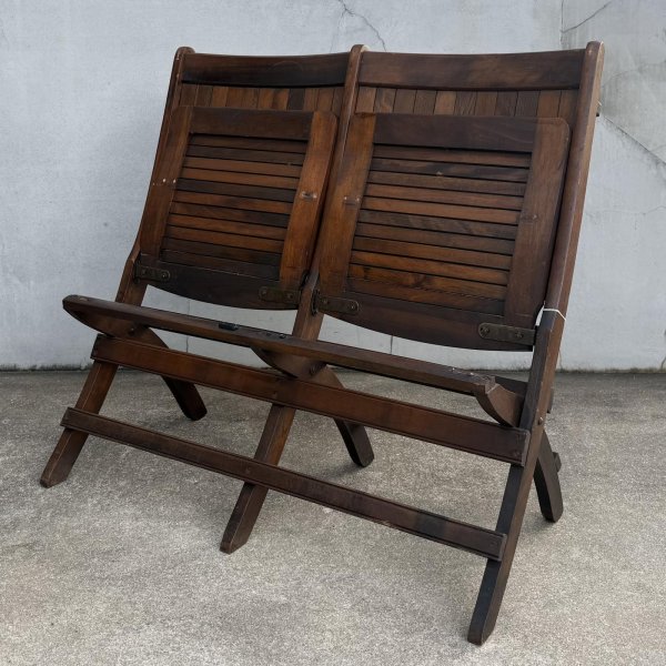 画像7: VINTAGE ANTIQUE CHAIR ヴィンテージ アンティーク 椅子 2シーター 2連 / ホールディングチェア 折り畳み椅子 ウッド 木製 家具 店舗什器 アメリカ (7)