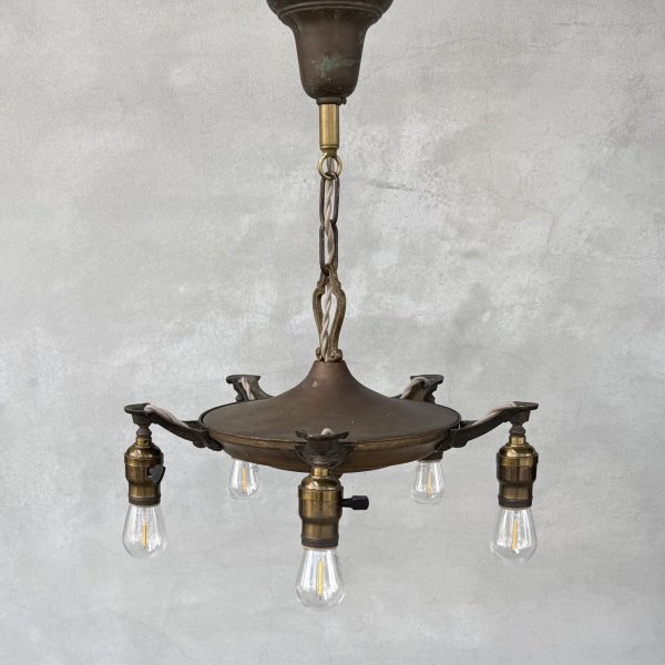 画像1: VINTAGE ANTIQUE LIGHT ヴィンテージ アンティーク シャンデリア パンライト 吊り下げライト  天井照明 / 5灯 ライト ペンダントランプ 真鍮 店舗什器 E26 アメリカ USA (1)