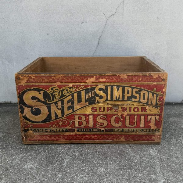 画像1: VINTAGE ANTIQUE WOOD CRATE WOODEN BOX SNELL&SIMPSON BISCUIT CO ヴィンテージ アンティーク ウッドボックス 木箱 / コレクタブル 収納 ケース ビスケット アドバタイジング 企業物 店舗什器 アメリカ (1)