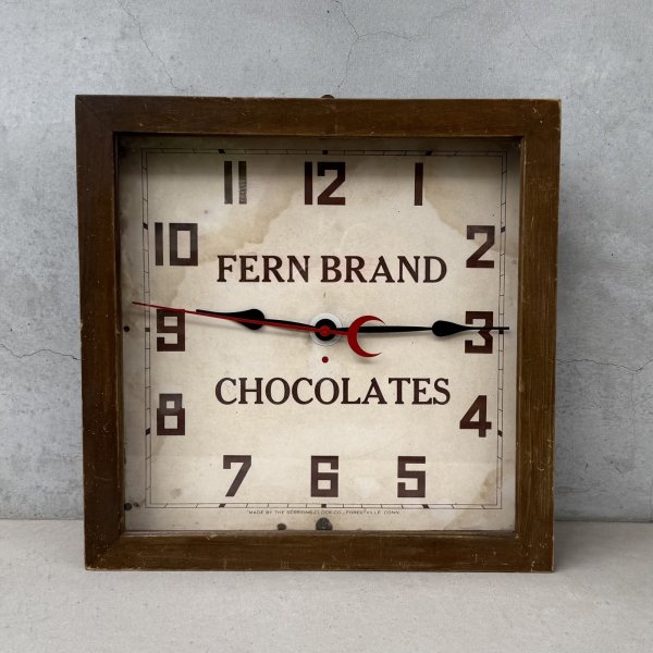 画像1: VINTAGE ANTIQUE WALL CLOCK FERN BRAND CHOCOLATES SESSIONS ヴィンテージ アンティーク ウォールクロック セッション 壁掛け時計 /  ウッド 木製 四角形 アドバタイジング 企業物 店舗什器 アメリカ (1)