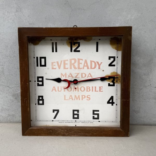 画像1: VINTAGE ANTIQUE WALL CLOCK MAZDA SESSIONS ヴィンテージ アンティーク ウォールクロック マツダ セッション 壁掛け時計 /  ウッド 木製 四角形 アドバタイジング 企業物 店舗什器 アメリカ (1)