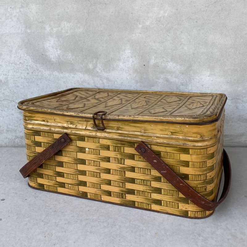Vintage Antique Tin Basket ヴィンテージ バスケット アメリカ インテリア アウトドア 収納 缶 Box Rust Leather
