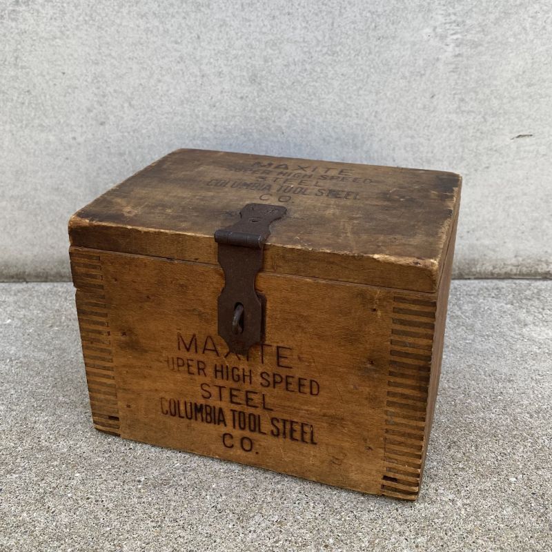 VINTAGE ANTIQUE COLUMBIA TOOL STEEL CO. WOODEN BOX ヴィンテージ アンティーク 木箱 アメリカ /  ケース クレートボックス ディスプレイ 収納 小物入れ USA